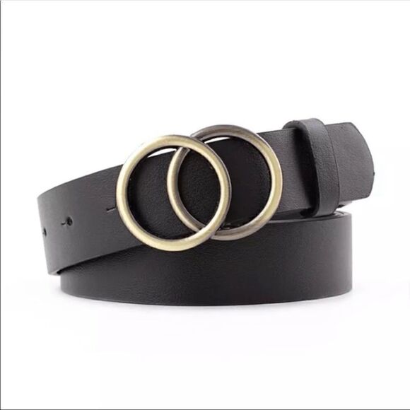 Accessories - Black Round Gold Double Buckle Belt